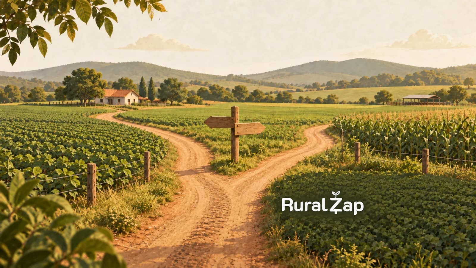 Dois caminhos entre lavouras com uma placa de direção na bifurcação e a marca RuralZap sobre o campo.